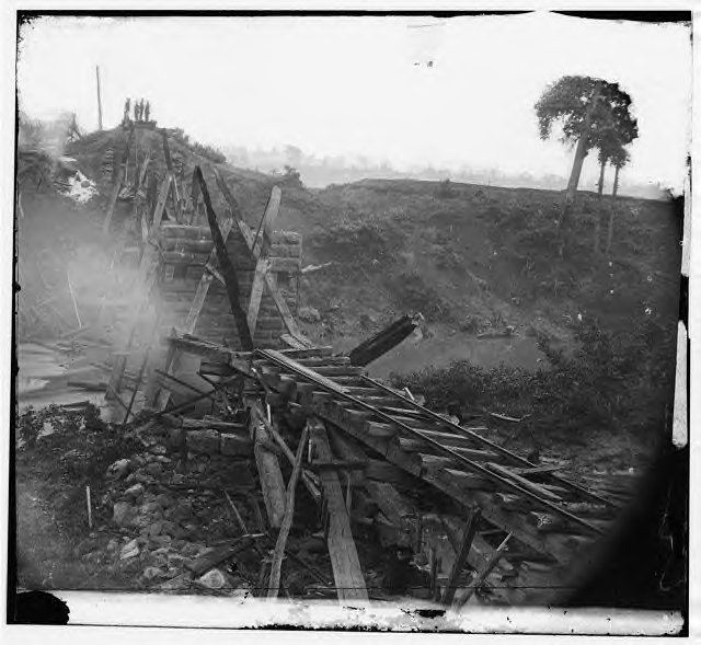 A destroyed bridge on the Richmond, Fredericksburg & Potomac RR.