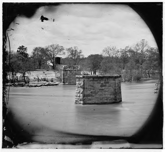 A good view of the stone pilings of the destroyed Richmond & Danville RR bridge, looking from Richmond to the south.